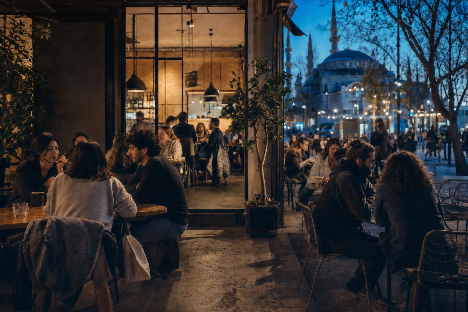 Akşam saatlerinde İstanbul'da sohbet eden insanlarla dolu bir kahve mekanı
